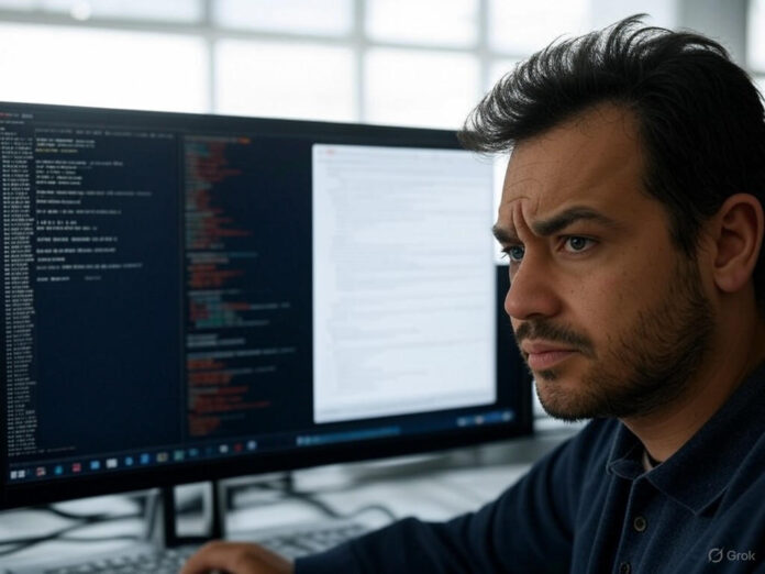 Um desenvolvedor de software frustrado olhando para uma tela de computador com linhas de código e uma janela de IA aberta, mostrando lentidão no processamento. O ambiente deve ser moderno, com um escritório bem iluminado e foco no rosto do desenvolvedor e na tela do computador.