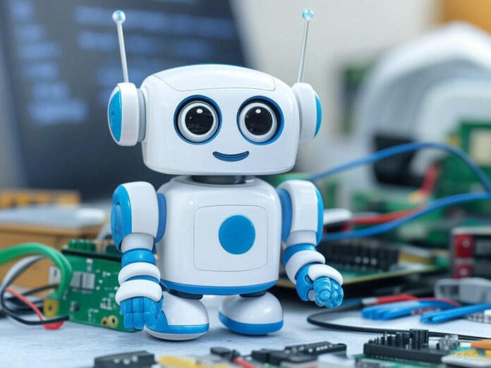 Um robô pequeno e fofo com antenas caricatas e olhos grandes e expressivos, feito de plástico branco e azul, sobre uma mesa de trabalho com componentes eletrônicos e um Raspberry Pi ao fundo. O robô está centralizado, com um fundo desfocado de códigos de programação e ferramentas de desenvolvimento.