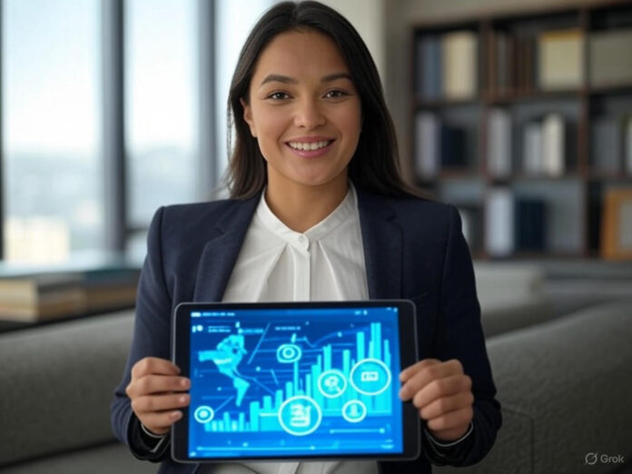 Uma mulher empreendedora, sorridente e confiante, em um escritório moderno, segurando um tablet com gráficos de investimento e ícones de IA ao fundo. A imagem deve transmitir inovação e sucesso, com cores vibrantes e um tom profissional.