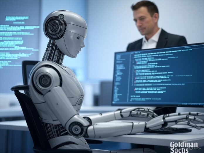 Uma imagem futurista de um robô humanoide programando em um computador, com gráficos de código flutuando ao redor, em um ambiente de escritório moderno. O robô está sentado em uma mesa com vários monitores exibindo linhas de código, enquanto um humano observa ao lado, simbolizando a colaboração entre IA e desenvolvedores. Fundo em tons de azul e prata, com destaque para o logotipo do Goldman Sachs discretamente no canto.