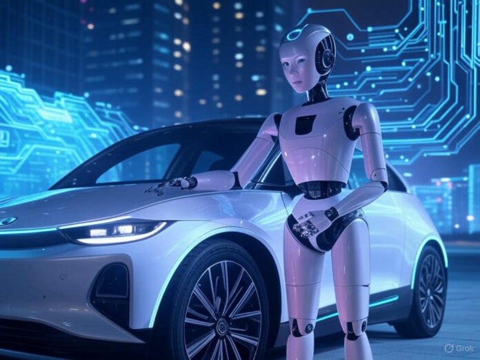 Uma imagem futurista exibindo um robô humanoide e um carro autônomo em um ambiente urbano, com hologramas de circuitos e dados de IA flutuando ao fundo. O cenário deve transmitir inovação e tecnologia avançada, com cores vibrantes e um foco central nos dispositivos de IA.