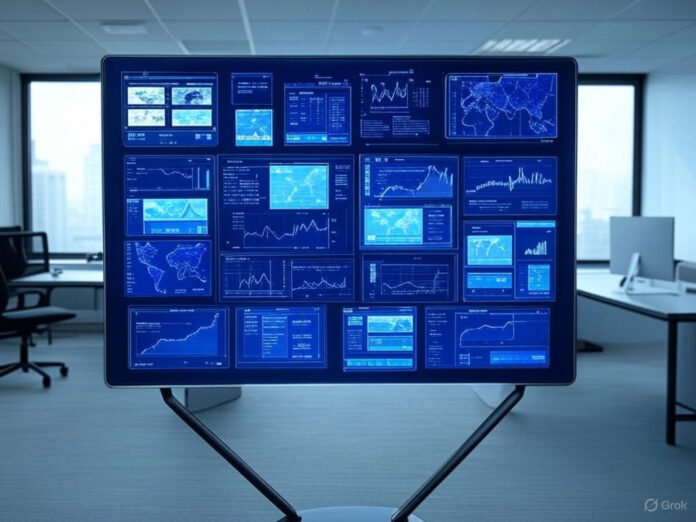 Uma imagem futurista representando um painel de controle de inteligência artificial com gráficos, mapas e documentos de políticas públicas, centralizado em um ambiente de escritório moderno. A imagem deve transmitir inovação e tecnologia avançada, com tons de azul e branco predominantes.