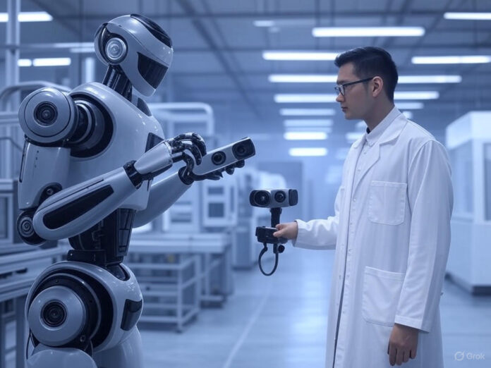 Uma cena futurista onde um robô industrial equipado com câmeras RealSense interage com um humano em um ambiente de fábrica, destacando a tecnologia de percepção 3D e a colaboração entre humanos e máquinas. O robô está analisando o ambiente com precisão, enquanto o humano observa, demonstrando confiança e inovação.