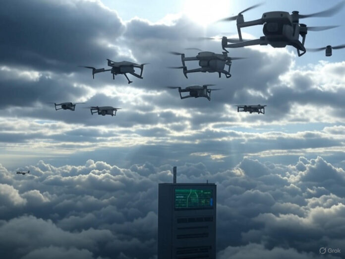 Uma imagem futurista mostrando drones voando sobre nuvens carregadas, com raios de luz solar atravessando as gotas de chuva. No fundo, um radar moderno e telas de computador exibindo dados meteorológicos em tempo real. A cena transmite inovação e tecnologia avançada.