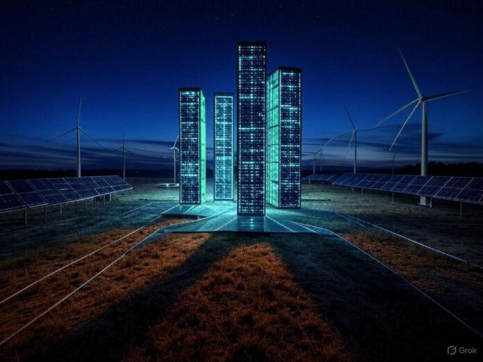 Um impressionante centro de dados futurista, com torres de servidores iluminadas em azul e verde, cercado por painéis solares e turbinas eólicas, representando a fusão de tecnologia e sustentabilidade. No fundo, um céu noturno com estrelas, simbolizando o futuro da inteligência artificial.