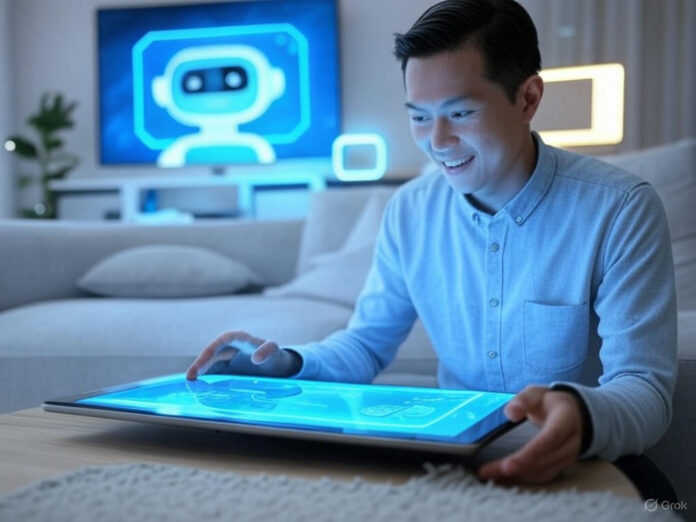 Uma imagem futurista representando o uso de Inteligência Artificial no comércio eletrônico, com um chatbot interativo ajudando um consumidor a fazer compras online em um ambiente digital vibrante. A cena inclui elementos como gráficos de crescimento, ícones de produtos populares e um fundo que remete à tecnologia avançada.