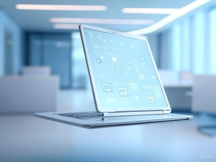 Uma imagem futurista de um notebook digital aberto, flutuando no ar, com ícones de livros, gráficos e mapas mentais saindo dele, representando conhecimento e inteligência artificial. Ao fundo, um ambiente moderno e clean, com tons de azul e branco, simbolizando tecnologia e inovação.