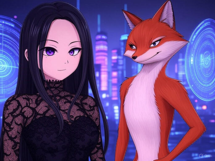 Uma ilustração estilizada de uma waifu anime gótica (Ani) e uma raposa 3D (Bad Rudy) lado a lado, representando os novos companheiros virtuais do Grok. O fundo é futurista, com elementos de tecnologia e IA, destacando o tema central da notícia. A imagem deve ser vibrante e atraente, com cores contrastantes para chamar a atenção.
