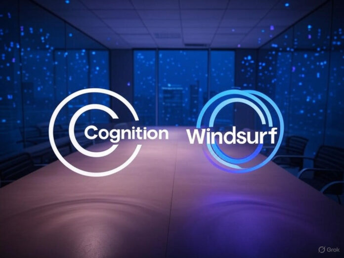 Uma imagem futurista representando a fusão de duas empresas de IA, com símbolos de código flutuando no ar e um cenário que mistura tecnologia e colaboração. No centro, dois logotipos se unindo, simbolizando a aquisição da Windsurf pela Cognition. Tons de azul e roxo para transmitir inovação e inteligência artificial.