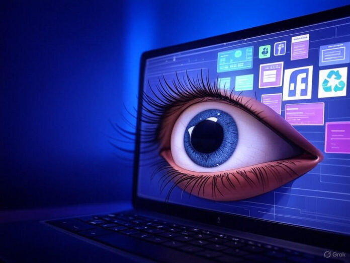 Uma ilustração digital que retrata um grande olho de IA observando uma tela de computador com ícones de redes sociais, como o Facebook, e símbolos de conteúdo copiado (como um ícone de reciclagem ou um selo de 'não original'). O fundo é futurista, com tons de azul e roxo, destacando a vigilância tecnológica sobre o conteúdo online.