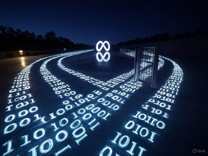 Uma imagem futurista representando um labirinto de códigos binários, com um caminho aberto (lado esquerdo) e outro fechado por um portão digital (lado direito), simbolizando a escolha entre IA aberta e fechada. No centro, um holograma da logo da Meta refletido no chão.