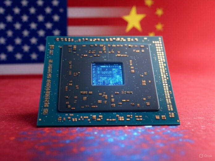 Uma imagem futurista exibindo um chip de computador brilhante (representando o H20 da Nvidia) sobre um fundo que combina as bandeiras dos EUA e da China, simbolizando a relação comercial e tecnológica entre os dois países. O chip deve estar centralizado, com luzes azuis e douradas destacando sua importância.