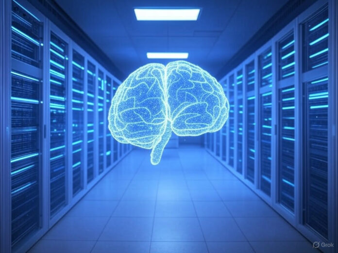 Uma representação futurista de um data center avançado, com estruturas modulares e luzes azuis brilhantes, simbolizando tecnologia de ponta e superinteligência artificial. No centro, um holograma de um cérebro digital, cercado por servidores e cabos de alta velocidade, em um ambiente limpo e moderno.