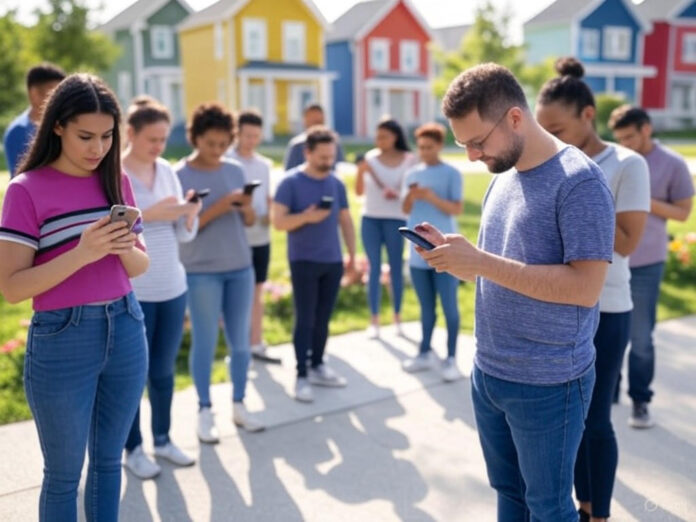 Uma ilustração moderna de um bairro residencial com pessoas interagindo em um aplicativo de celular, mostrando notificações de alertas locais e recomendações de lugares próximos. O cenário deve transmitir comunidade e tecnologia, com cores vibrantes e um design limpo.