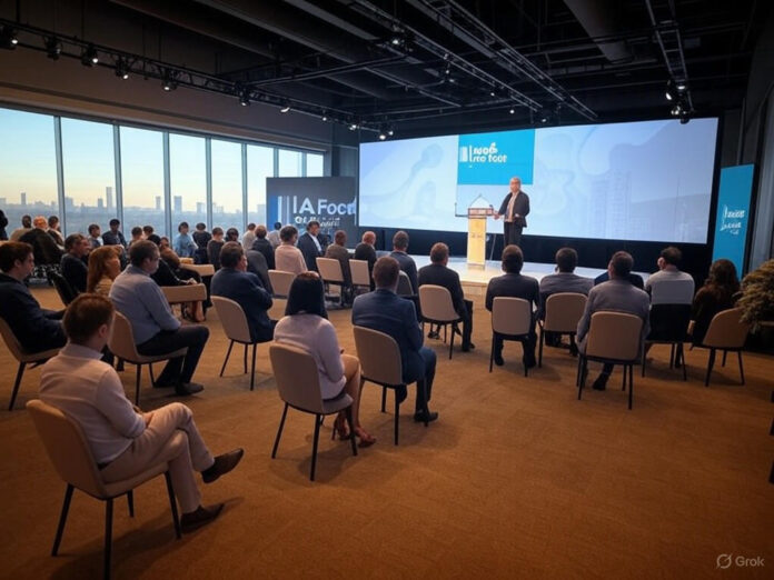 Uma sala de conferências moderna e lotada, com palestrantes no palco e uma plateia atenta de empreendedores e investidores. O ambiente é vibrante, com luzes focadas no palco e telas exibindo slides sobre startups e inovação. No fundo, o logotipo do evento 'IAFeed All Stage' está projetado em uma tela grande.