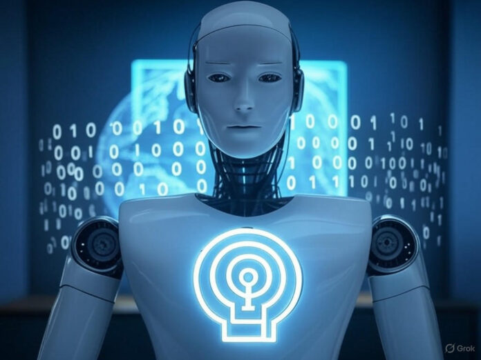 Uma imagem futurista de um robô com um símbolo de IA no peito, cercado por códigos binários e um holograma de um globo terrestre, representando a inteligência artificial e sua influência global. O robô está centralizado, com uma expressão neutra, simbolizando a busca por imparcialidade.