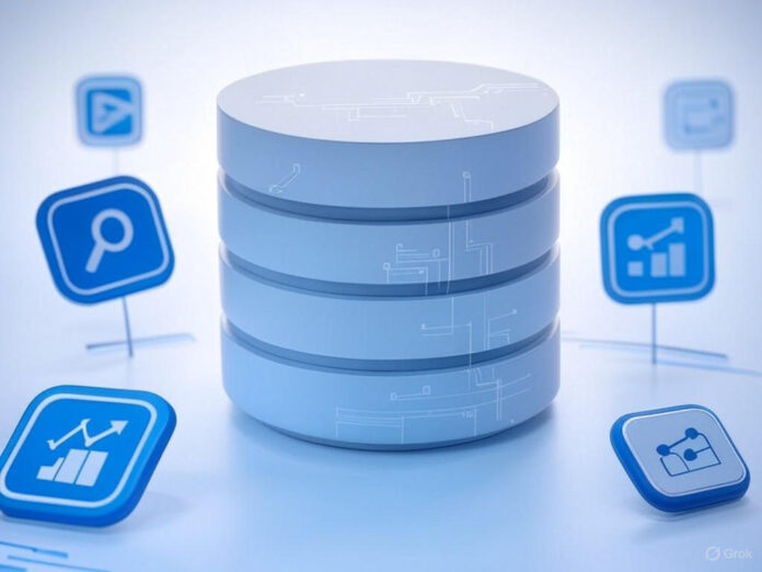 Uma ilustração moderna de um banco de dados Postgres com ícones de busca e análise de dados integrados, representando a inovação da ParadeDB. O fundo deve ser limpo e tecnológico, com tons de azul e branco para transmitir confiança e inovação.