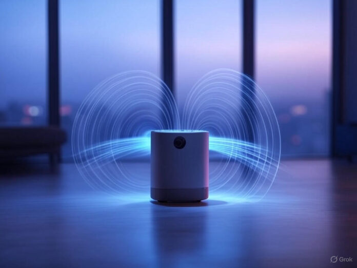 Uma imagem futurista representando a interação entre humanos e máquinas por meio de voz, com ondas sonoras visíveis saindo de um dispositivo de IA centralizado. O cenário inclui elementos de tecnologia avançada e um design limpo, com cores vibrantes que destacam a inovação.