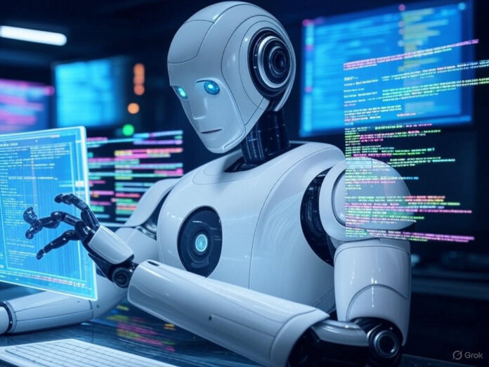 Uma ilustração futurista de um terminal de computador com linhas de código coloridas flutuando ao redor, simbolizando a interação entre IA e o terminal. No centro, um robô estilizado digitando comandos em um teclado holográfico, com um fundo escuro que remete a um ambiente de desenvolvimento avançado.