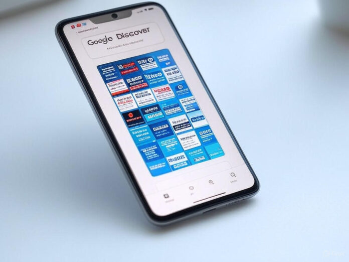Uma tela de smartphone exibindo o aplicativo Google Discover com um resumo gerado por IA destacado, mostrando logotipos de várias publicações de notícias no canto superior esquerdo. O fundo deve ser minimalista, com tons de azul e branco, simbolizando tecnologia e confiabilidade.