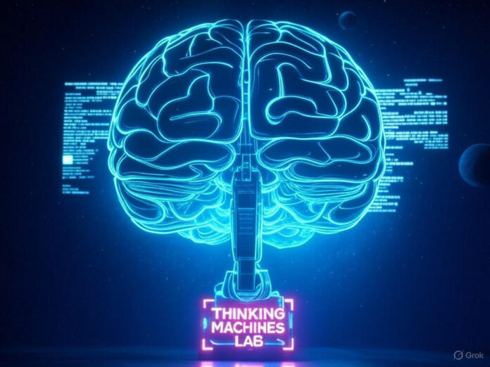 Uma ilustração futurista de um cérebro robótico brilhante, cercado por linhas de código e gráficos holográficos, representando a inovação em IA. No fundo, um céu noturno com estrelas e planetas, simbolizando a fronteira da tecnologia. Centralizado, o logotipo da Thinking Machines Lab em neon.