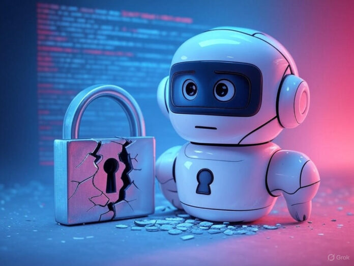 Uma ilustração de um chatbot de IA com um cadeado quebrado ao lado, simbolizando uma falha de segurança. No fundo, linhas de código e números binários representam a vulnerabilidade técnica. O estilo é moderno e digital, com cores em tons de azul e vermelho para destacar o alerta de segurança.