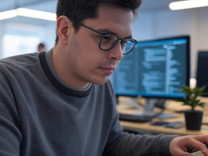 Um engenheiro de software trabalhando em um computador com linhas de código na tela, refletindo a atmosfera de inovação e pressão na OpenAI, com um fundo desfocado de um escritório moderno e movimentado.