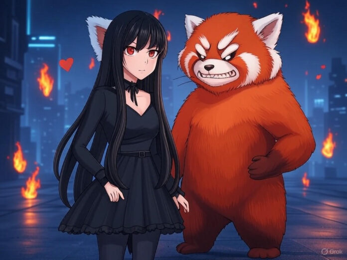 Uma ilustração digital em estilo anime mostrando uma personagem feminina gótica (Ani) com vestido preto e meias arrastão, ao lado de um panda vermelho (Rudy) com expressão maligna, em um fundo futurista e sombrio. A cena deve transmitir a dualidade entre romance e violência, com elementos como chamas e corações flutuando ao redor.