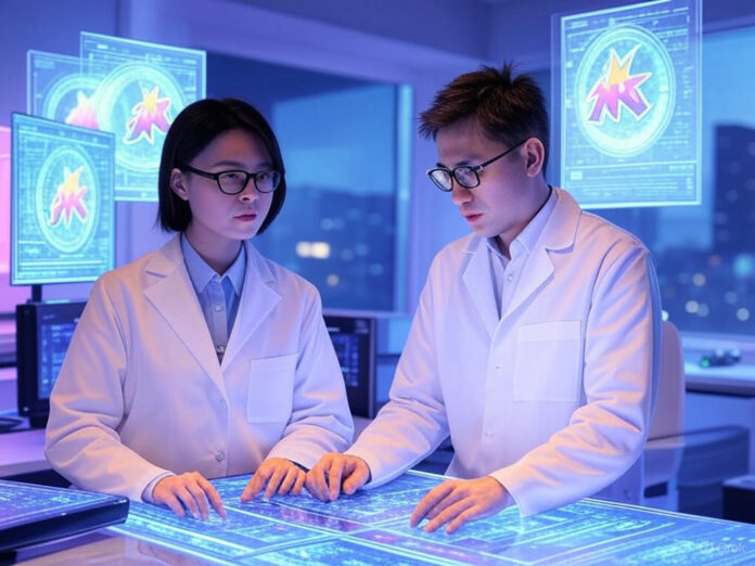 Uma ilustração futurista de dois cientistas de IA, um asiático e outro caucasiano, colaborando em um laboratório high-tech com hologramas de modelos de inteligência artificial flutuando ao redor. O ambiente deve transmitir inovação e tecnologia de ponta, com tons de azul e roxo predominantes.
