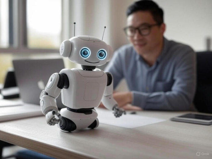 Um robô pequeno e amigável com olhos grandes e antenas, posicionado em uma mesa de trabalho com um laptop ao fundo, em um ambiente moderno e iluminado. O robô está interagindo com um humano, transmitindo uma sensação de diversão e aprendizado.