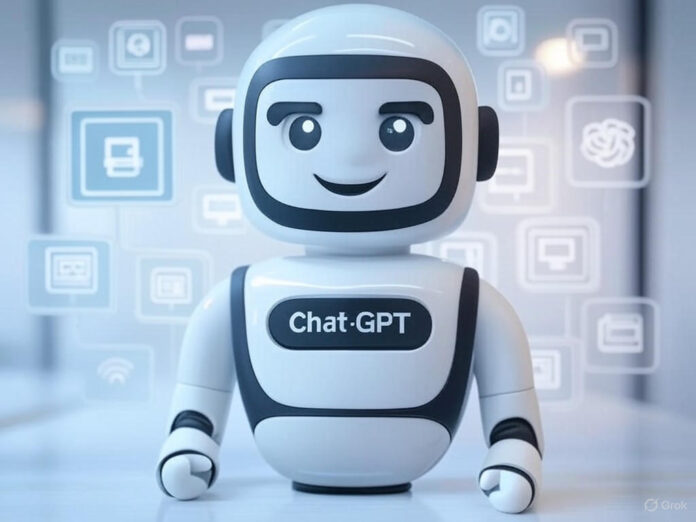 Uma representação futurista do ChatGPT da OpenAI, exibindo um chatbot de IA interagindo com humanos em um ambiente digital vibrante, com ícones de tecnologia e inovação ao redor, tudo centralizado em um design moderno e clean.