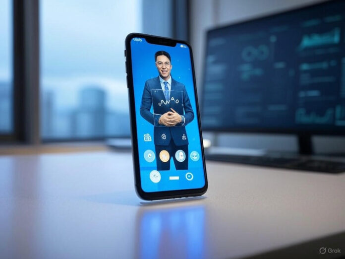 Uma imagem futurista mostrando um smartphone com a tela exibindo um assistente de IA realizando uma chamada para uma empresa, com ícones de busca e gráficos de dados ao fundo, representando a integração da IA no cotidiano empresarial.