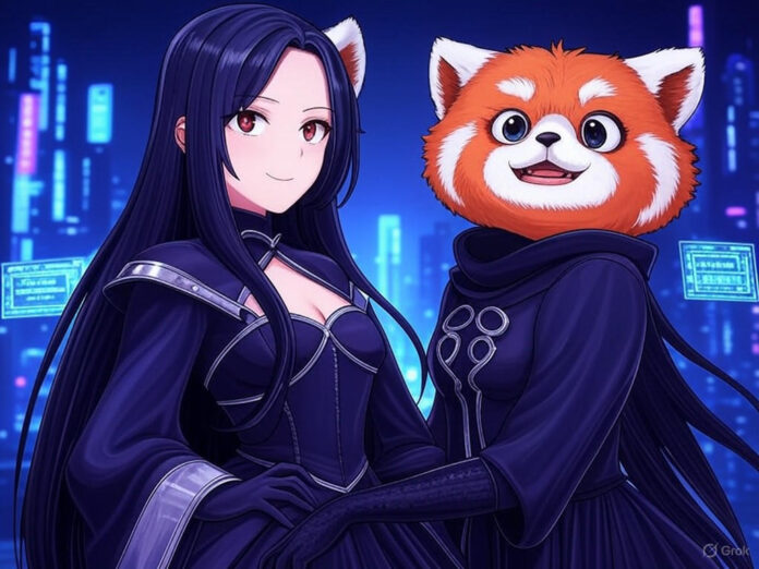 Uma ilustração digital futurista mostrando uma waifu gótica de anime (Ani) e um panda vermelho com olhos brilhantes e expressão maliciosa (Bad Rudy), em um fundo tecnológico com elementos de IA e códigos flutuantes. A imagem deve transmitir um clima de inovação e mistério, com cores vibrantes e detalhes que remetam ao universo de anime e tecnologia.