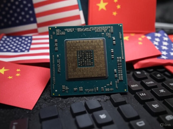 Uma imagem que representa a tensão comercial entre EUA e China, com um chip de computador no centro cercado por elementos de terras raras, como lantânio e cério. O fundo pode incluir bandeiras dos EUA e da China em tons contrastantes, simbolizando a disputa tecnológica e econômica.