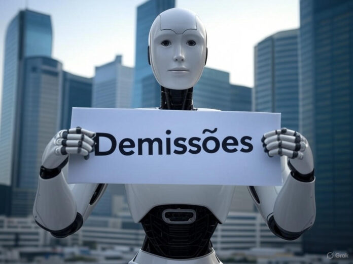 Uma imagem futurista representando uma startup de IA, com um robô segurando um cartaz de 'Demissões' e um fundo que mistura elementos de tecnologia e gráficos de queda no mercado. O robô deve estar centralizado, com expressão neutra, e ao fundo, prédios de empresas de tecnologia como a Meta.