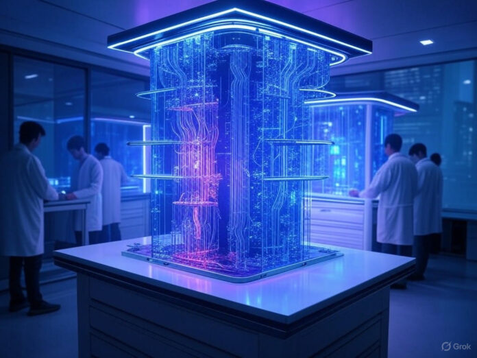 Uma imagem futurista de um computador quântico em um laboratório de alta tecnologia, com cientistas trabalhando ao redor. O ambiente deve transmitir inovação e avanço tecnológico, com tons de azul e roxo para destacar a computação quântica. O foco central deve ser o computador quântico, com detalhes de circuitos e luzes brilhantes.