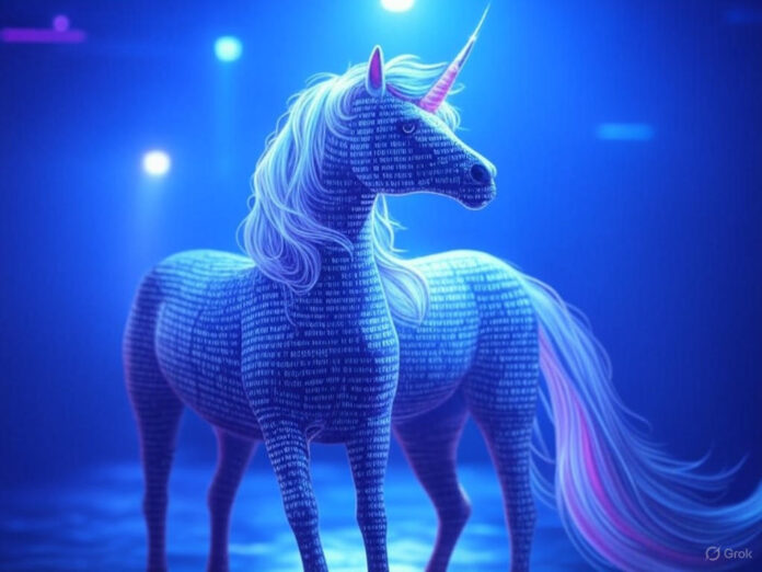 Uma ilustração futurista de um unicórnio digital composto por códigos de programação e elementos de IA, com um fundo azul tecnológico e luzes neon. O unicórnio está centralizado, simbolizando o status de unicórnio da Lovable e sua base em tecnologia avançada.
