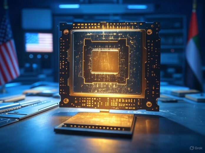 Uma imagem futurista representando um chip de IA brilhante no centro, cercado por bandeiras dos EUA e dos Emirados Árabes Unidos desfocadas ao fundo, simbolizando o acordo suspenso. A cena deve transmitir tensão e tecnologia avançada, com tons de azul e dourado para destacar a importância do tema.