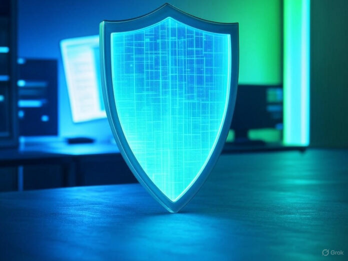 Uma imagem futurista representando a privacidade de dados em IA, com um escudo digital protegendo informações sensíveis enquanto algoritmos de inteligência artificial trabalham ao fundo. O cenário deve transmitir segurança e inovação, com tons de azul e verde para destacar tecnologia e confiança.