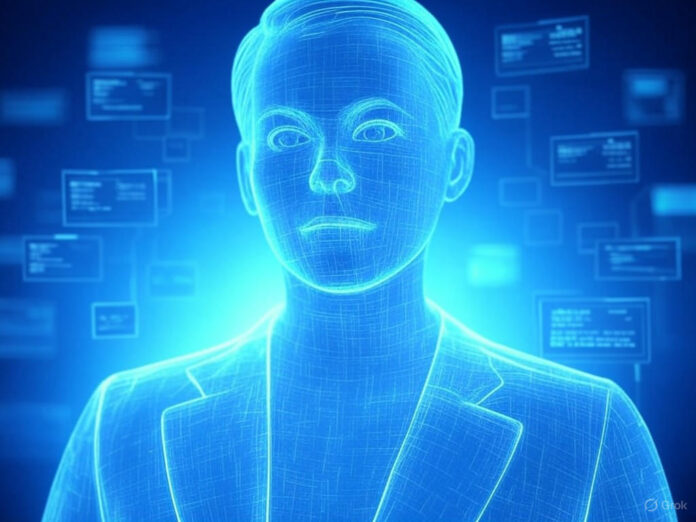 Uma representação futurista de um assistente de IA digital, com ícones flutuantes de calendário, apresentações e código, centralizados em um fundo azul tecnológico. O agente de IA aparece como uma figura holográfica interagindo com os elementos.