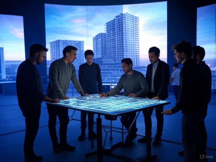 Uma cena futurista de um estúdio de produção cinematográfica, com telas holográficas exibindo efeitos visuais gerados por IA, incluindo um prédio desabando em tempo real. No centro, um diretor e uma equipe de produção analisam os resultados em uma mesa de controle high-tech, com luzes azuis e roxas refletindo a inovação tecnológica.