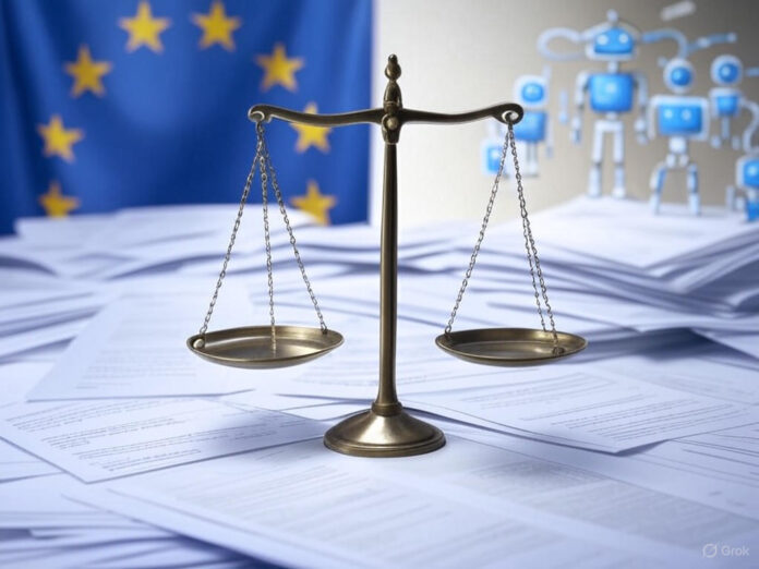 Uma imagem que representa a tensão entre regulamentação e inovação em IA, com um fundo dividido: de um lado, um símbolo da União Europeia (estrelas em círculo) e documentos legais; do outro, ícones de tecnologia e IA, como robôs e algoritmos. No centro, uma balança desequilibrada, simbolizando o conflito.