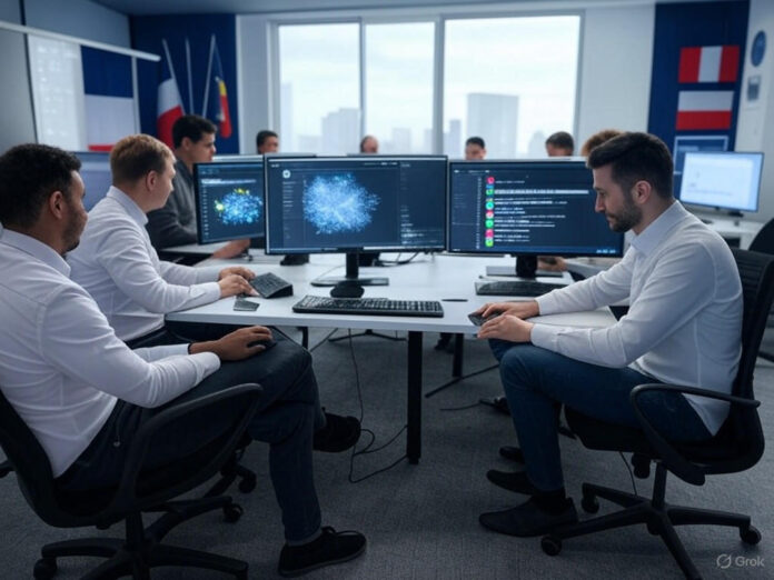 Escritório moderno de startup de tecnologia com bandeiras francesa e europeia, telas de computador com IA mostrando interfaces de chat e redes neurais, equipe profissional de desenvolvedores trabalhando em inteligência artificial, esquema de cores futurista em azul e branco, design minimalista limpo, composição centralizada.