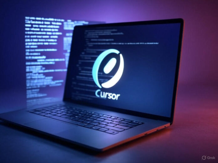 Uma ilustração futurista de um laptop com código de programação flutuando ao redor, representando a IA e a codificação automatizada. No centro, um logotipo estilizado da Cursor brilhando, simbolizando inovação e competição no mercado de tecnologia. Fundo em tons de azul e roxo, transmitindo modernidade e sofisticação.