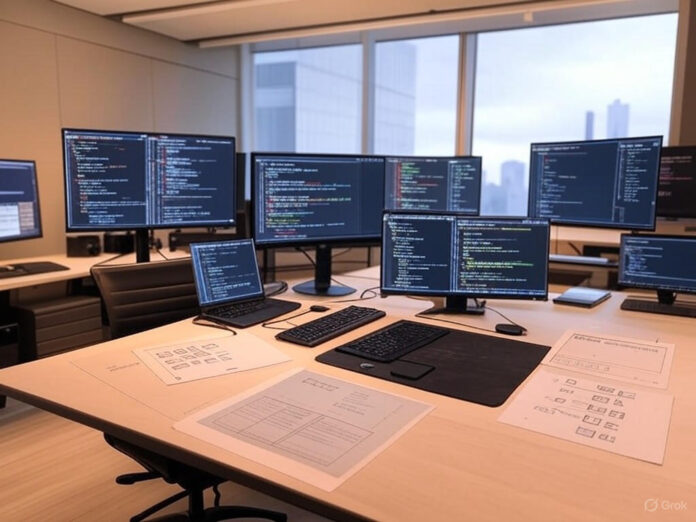 Ambiente de escritório moderno com várias telas de computador exibindo interface de revisão de código, ferramentas de programação com IA e ambiente de desenvolvimento de software. Espaço de trabalho profissional com design limpo, apresentando símbolos de codificação, elementos de inteligência artificial e atmosfera de startup de tecnologia. Composição centralizada com iluminação aconchegante e estética tecnológica contemporânea.