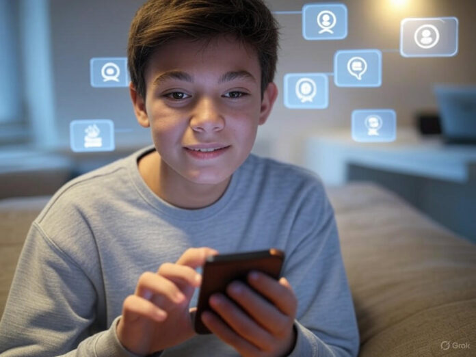 Uma imagem que retrata um adolescente interagindo com um chatbot de IA em um dispositivo móvel, com uma expressão curiosa e engajada. Ao fundo, elementos digitais como ícones de conversa e símbolos de IA destacam o tema da tecnologia. A cena transmite uma atmosfera moderna e futurista, com cores vibrantes e luzes suaves.