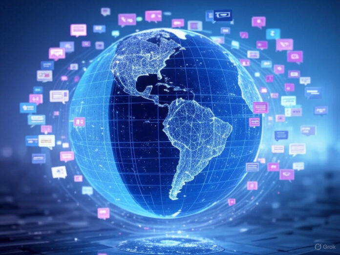 Uma representação visual do ChatGPT como um assistente de IA global, com ícones de mensagens e interações saindo de um globo terrestre, simbolizando os 2,5 bilhões de solicitações diárias. O fundo deve ser futurista, com tons de azul e roxo, destacando a tecnologia e a inovação.
