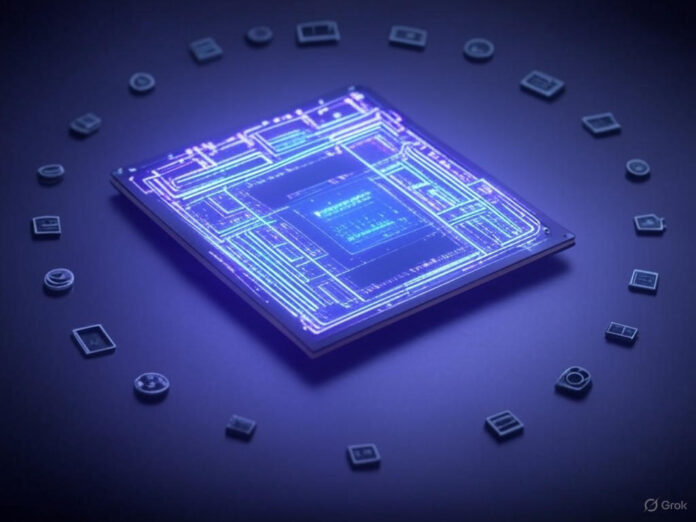 Uma ilustração futurista de um chip de inteligência artificial brilhante, com circuitos luminosos e detalhes em azul e roxo, centralizado em um fundo escuro. Ao redor do chip, pequenos ícones representando setores como eletrônicos, finanças e biotecnologia. A imagem transmite inovação e tecnologia avançada.