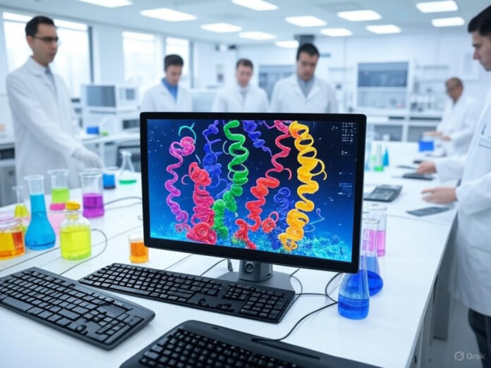 Uma representação visual de um laboratório moderno com uma tela de computador exibindo estruturas de proteínas em 3D, enquanto cientistas trabalham ao redor. A imagem deve transmitir inovação e tecnologia avançada, com cores vibrantes e um foco central nas proteínas geradas por IA.