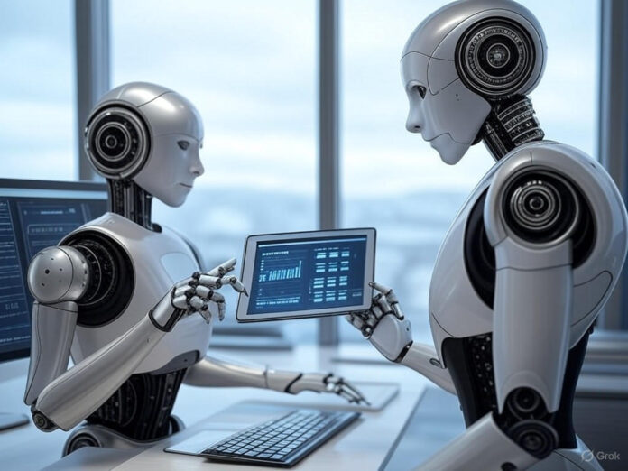 Uma ilustração futurista mostrando um humano e um robô colaborando em um ambiente de trabalho moderno, com telas digitais exibindo gráficos e fluxos de trabalho. O humano está revisando informações em um tablet, enquanto o robô processa dados em um computador. O cenário deve transmitir inovação e parceria entre humanos e IA.